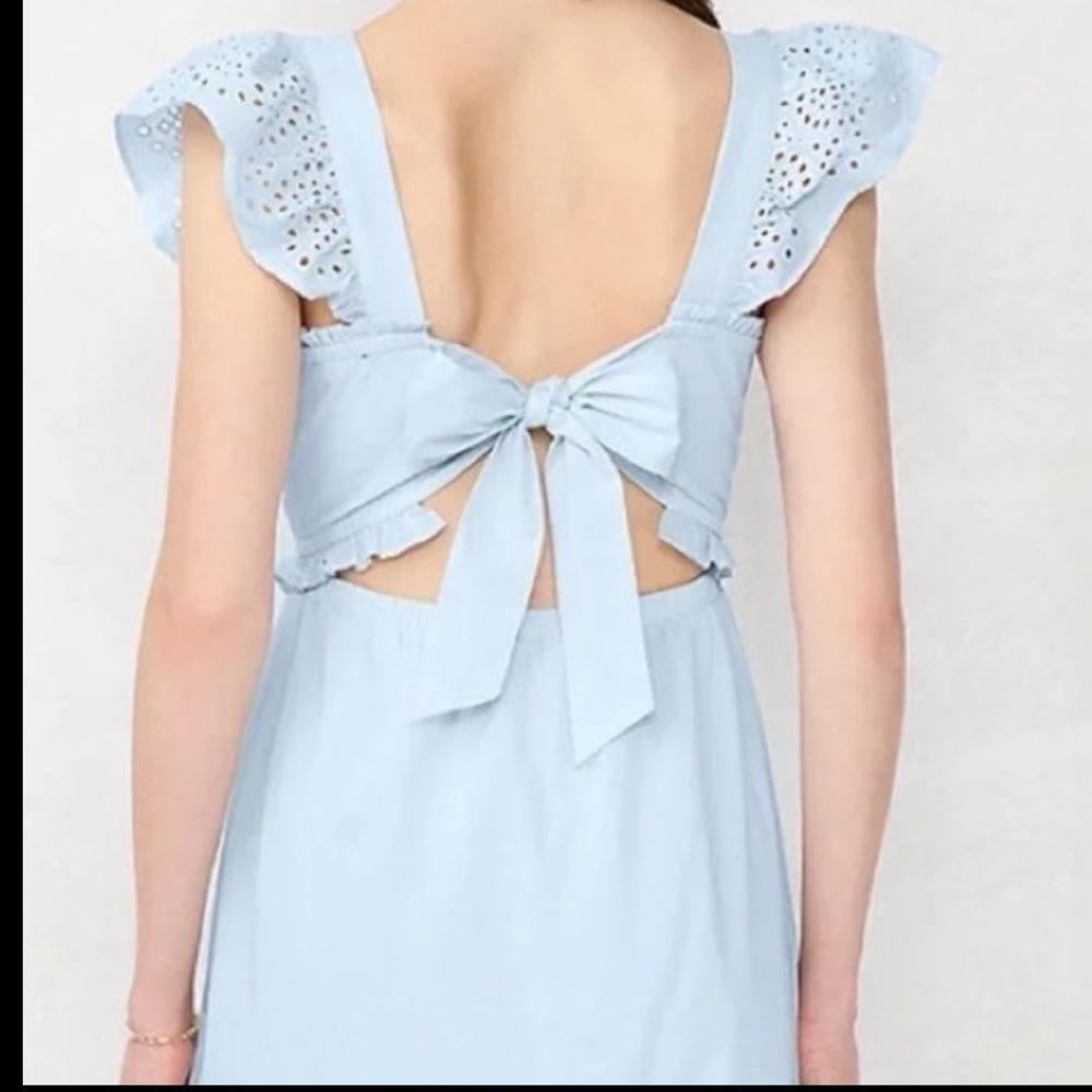 NWT Lauren Conrad dress blue tiered ruffle sleeve eyelet trim smocked dress Sz L - Picture 7 of 12